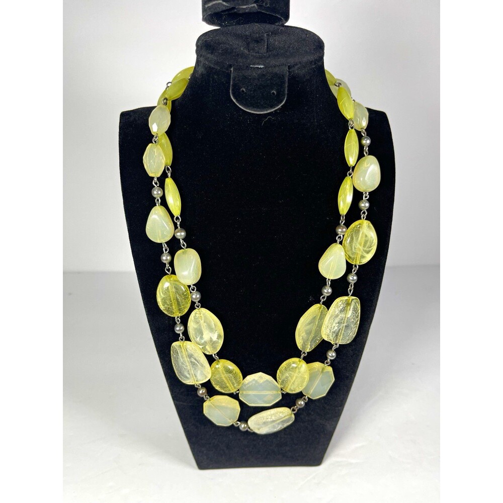 Yellow Glass Beaded Double Strand Necklace Silver Tone Link Chain Lobster Signed